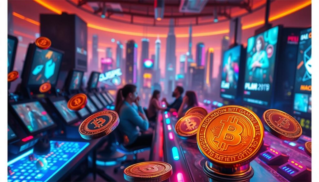 A captivating scene of the evolving blockchain gaming landscape. In the foreground, colorful cryptocurrency coins and shimmering NFT artworks float against a backdrop of futuristic gaming consoles and glowing virtual displays. In the middle ground, players immersed in immersive blockchain-powered games, their faces lit by the glow of screens. The background depicts a cityscape of towering skyscrapers, with holographic billboards advertising the latest blockchain gaming trends. The entire scene is bathed in a warm, neon-tinged lighting, creating an atmosphere of technological innovation and digital wonder.