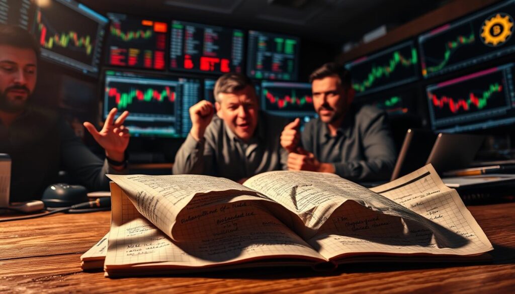 A chaotic trading desk with monitors displaying volatile cryptocurrency charts. Traders gesticulate wildly, faces etched with concern as they grapple with complex technical indicators. The lighting is harsh, casting dramatic shadows that accentuate the tension. In the foreground, a crumpled notebook lies abandoned, its pages filled with hastily scribbled trade ideas and abandoned strategies. The atmosphere is one of anxious uncertainty, highlighting the pitfalls and challenges faced by those navigating the volatile crypto markets.