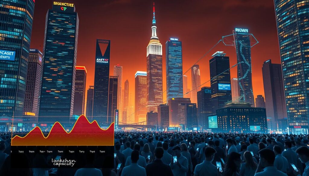 A cityscape of a bustling blockchain network, with towering skyscrapers representing increased transaction processing capacity. In the foreground, a series of colorful graphs and charts showcasing the benefits of high throughput, such as reduced latency, improved scalability, and enhanced user experience. The middle ground features a crowd of people engaged in seamless digital transactions, their devices glowing with the efficiency of the network. The background is bathed in a warm, futuristic glow, conveying a sense of progress and innovation. The lighting is crisp and directional, highlighting the technological advancements at play. The composition is dynamic, with a wide-angle lens capturing the grand scale of the scene. A cityscape of a bustling blockchain network, with towering skyscrapers representing increased transaction processing capacity. In the foreground, a series of colorful graphs and charts showcasing the benefits of high throughput, such as reduced latency, improved scalability, and enhanced user experience. The middle ground features a crowd of people engaged in seamless digital transactions, their devices glowing with the efficiency of the network. The background is bathed in a warm, futuristic glow, conveying a sense of progress and innovation. The lighting is crisp and directional, highlighting the technological advancements at play. The composition is dynamic, with a wide-angle lens capturing the grand scale of the scene.