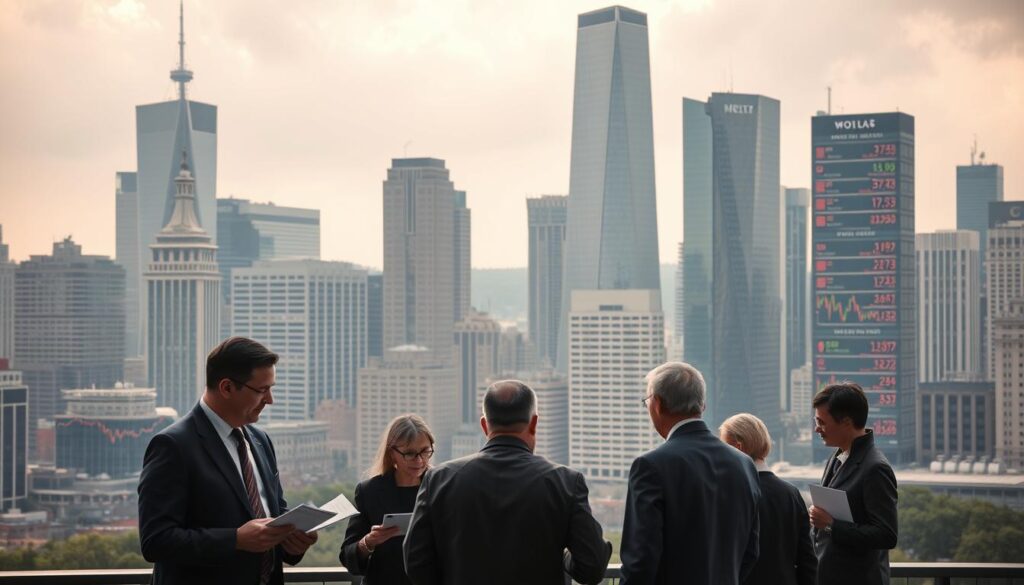 A cityscape of modern skyscrapers in a bustling metropolis, with government buildings and financial institutions prominently featured. In the foreground, a group of policymakers and regulators engaged in animated discussion, papers and digital devices in hand, against a backdrop of flashing screens displaying cryptocurrency data and charts. Soft, diffused lighting casts a contemplative, serious tone, as the figures seem to be weighing the implications of new policies and regulations on the rapidly evolving digital asset landscape. The overall composition conveys the complex interplay between emerging technologies, economic interests, and governmental oversight.