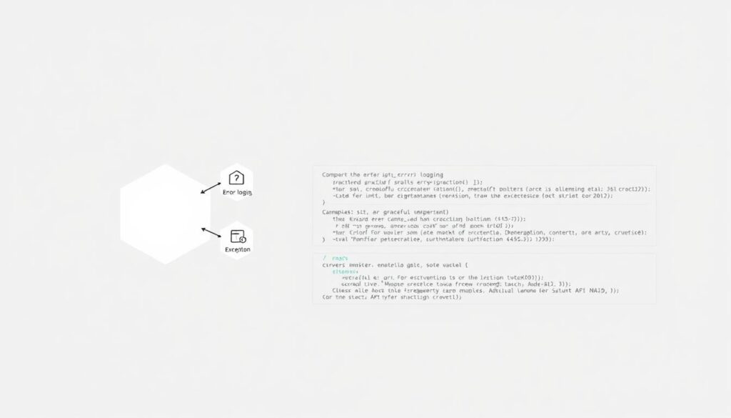 A clean, minimalist illustration of "API Error Handling Techniques" against a neutral gray background. The foreground features a central hexagon-shaped diagram, with branching arrows and icons representing different error handling strategies such as error logging, graceful degradation, and exception handling. The middle ground showcases a series of overlapping code snippets and API call examples, rendered in a monospace font with syntax highlighting. The background subtly features a grid-like pattern, evoking a technical, data-driven aesthetic. The overall mood is informative, clear, and focused on conveying core API error handling concepts through a visually engaging, diagram-driven composition.
