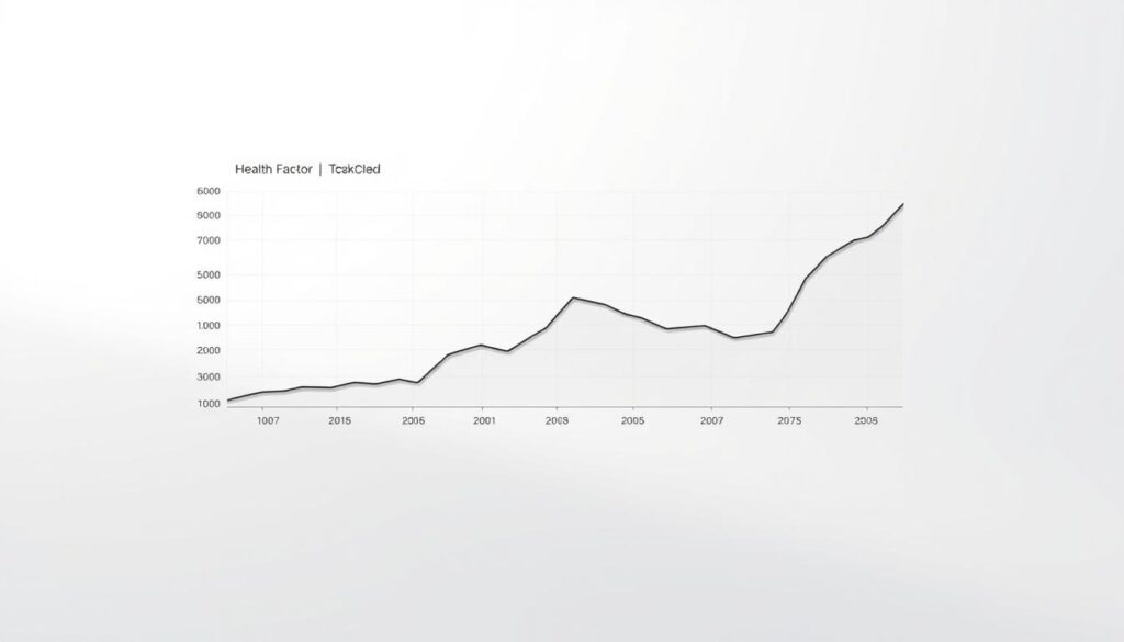 A clean, sleek interface showcasing a detailed Health Factor graph. The graph is rendered in a minimalist, data-driven style against a neutral, monochromatic backdrop. Subtle lines and grids provide structure, with a focus on clear visualization of the key metrics. The overall aesthetic is one of precision, transparency, and financial acumen - reflecting the importance of this risk factor in crypto lending and borrowing platforms. Crisp lighting from an unseen source casts gentle shadows, heightening the sense of depth and three-dimensionality. The camera angle is slightly elevated, giving a broad, holistic view of the data presentation.