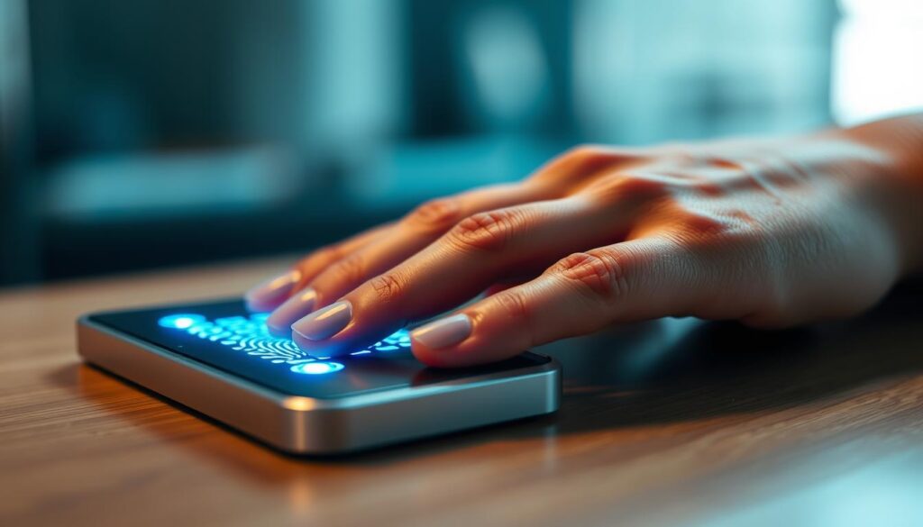 A close-up view of a biometric security system, captured with a high-resolution macro lens. The foreground showcases a human hand resting on a sleek, minimalist fingerprint scanner, its surface illuminated by a soft blue LED glow. The middle ground reveals the intricate textures and patterns of the skin, while the background is blurred, creating a sense of depth and focus on the biometric authentication process. The lighting is clean, directional, and emphasizes the technological precision of the device. The overall mood is one of advanced security, seamless integration, and a subtle sense of futuristic elegance.