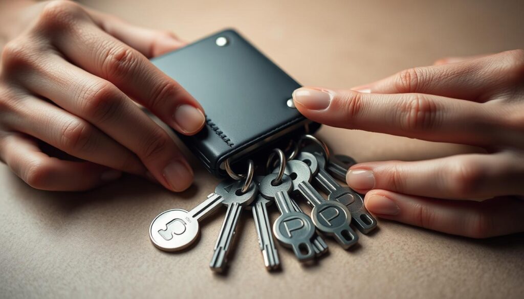 A closeup view of a person's hands holding a set of crypto wallet keys, including a hardware wallet device and several metal or steel seed phrase recovery keys. The keys are arranged on a neutral-colored surface, with soft, directional lighting illuminating the metallic textures and surfaces. The overall mood is one of security, precision, and the importance of safeguarding one's digital assets. The composition emphasizes the tangible nature of these essential tools for managing and protecting cryptocurrency holdings.