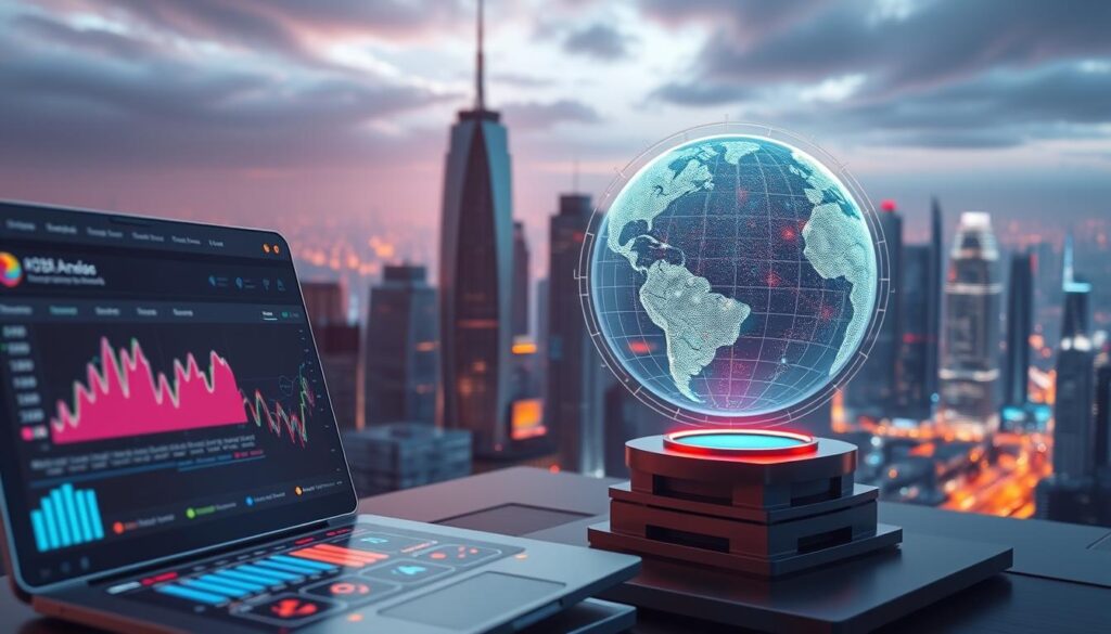 A complex 3D visualization of cryptocurrency social sentiment analysis, rendered in a sleek, futuristic style. The foreground features a stylized social media platform interface, with colorful charts, graphs, and data visualizations depicting real-time sentiment trends. The middle ground showcases a holographic globe, rotating to highlight global cryptocurrency market activity. In the background, a digital cityscape with towering skyscrapers and a vibrant, neon-lit skyline sets the scene. Dramatic lighting casts long shadows, creating a moody, high-tech atmosphere. Subtle depth of field blur and cinematic camera angles enhance the sophisticated, cutting-edge aesthetic.