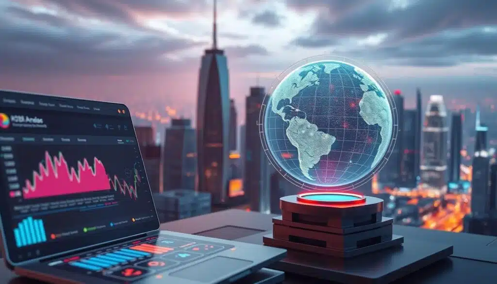 A complex 3D visualization of cryptocurrency social sentiment analysis, rendered in a sleek, futuristic style. The foreground features a stylized social media platform interface, with colorful charts, graphs, and data visualizations depicting real-time sentiment trends. The middle ground showcases a holographic globe, rotating to highlight global cryptocurrency market activity. In the background, a digital cityscape with towering skyscrapers and a vibrant, neon-lit skyline sets the scene. Dramatic lighting casts long shadows, creating a moody, high-tech atmosphere. Subtle depth of field blur and cinematic camera angles enhance the sophisticated, cutting-edge aesthetic.
