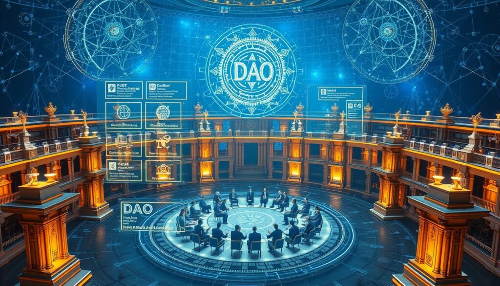 A complex DAO governance model rendered with detailed architectural elements and intricate blockchain nodes in the background. The foreground features a holographic interface showcasing diverse voting mechanisms, decentralized decision-making processes, and transparent ledger systems. The midground depicts a circular assembly of DAO members engaged in dynamic discussions, while the background is shrouded in a serene, blue-hued ambiance, symbolizing the tranquil yet robust nature of the distributed autonomous organization. Crisp lighting, a wide-angle lens, and a high-resolution capture create a sense of depth and grandeur, highlighting the sophistication and innovation of this futuristic DAO governance system.