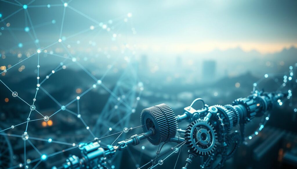 A complex and intricate blockchain network, with nodes connected by shimmering lines of data. In the foreground, a smart contract process unfolds, its execution visualized as a series of interconnected gears and mechanisms. The scene is bathed in a cool, ethereal glow, suggesting the precision and power of this decentralized technology. The background fades into a hazy, futuristic landscape, hinting at the vast potential of blockchain-powered applications. Intricate details and precise engineering elements come together to illustrate the role of blockchain and smart contracts in powering innovative NFT utility projects.