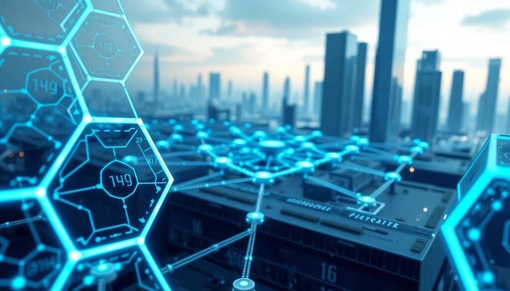 A complex blockchain cryptographic verification process, depicted in a detailed, futuristic digital illustration. In the foreground, a series of interlocking hexagonal shapes represent the cryptographic algorithms, their intricate patterns glowing with an ethereal blue light. In the middle ground, a 3D visualization of a distributed ledger network, with nodes connected by pulsing lines of data. In the background, a sleek, geometric cityscape with towering skyscrapers, hinting at the advanced technological landscape that enables this secure data infrastructure. The overall mood is one of precision, complexity, and technological sophistication, reflecting the advanced cryptographic mechanisms that underpin the integrity of blockchain systems.