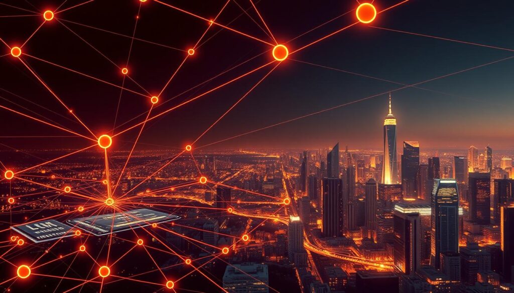 A complex blockchain network with interconnected smart contracts, illustrated with a cinematic, hyper-realistic style. In the foreground, a sleek, futuristic interface showcases automated loan agreements, settlements, and risk controls. The middle ground depicts intricate lines of code flowing between nodes, representing the underlying automation. In the background, a sprawling city skyline with towering skyscrapers symbolizes the scale and potential of this decentralized financial ecosystem. Warm, directional lighting casts dramatic shadows, conveying a sense of power and sophistication. The camera angle is slightly elevated, giving a holistic view of the interconnected system.