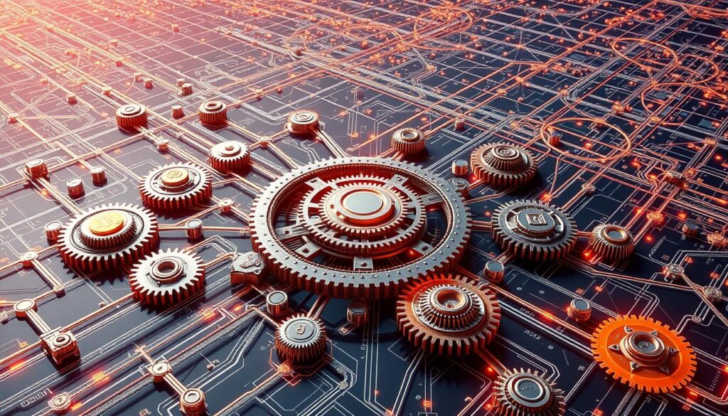 A complex blueprint of interlocking blockchain protocols, with gears and cogs of various cryptocurrencies and consensus mechanisms intertwined in a dynamic, three-dimensional layout. The foreground features a central hub where different blockchains converge, connected by shimmering data streams and cryptographic pathways. In the middle ground, modular components representing cross-chain bridges, oracles, and interoperability standards are meticulously detailed. The background depicts a vast, ethereal landscape of blockchain networks, their nodes and validators linked by a web of cross-chain interactions, all bathed in a warm, technological glow. A complex blueprint of interlocking blockchain protocols, with gears and cogs of various cryptocurrencies and consensus mechanisms intertwined in a dynamic, three-dimensional layout. The foreground features a central hub where different blockchains converge, connected by shimmering data streams and cryptographic pathways. In the middle ground, modular components representing cross-chain bridges, oracles, and interoperability standards are meticulously detailed. The background depicts a vast, ethereal landscape of blockchain networks, their nodes and validators linked by a web of cross-chain interactions, all bathed in a warm, technological glow.