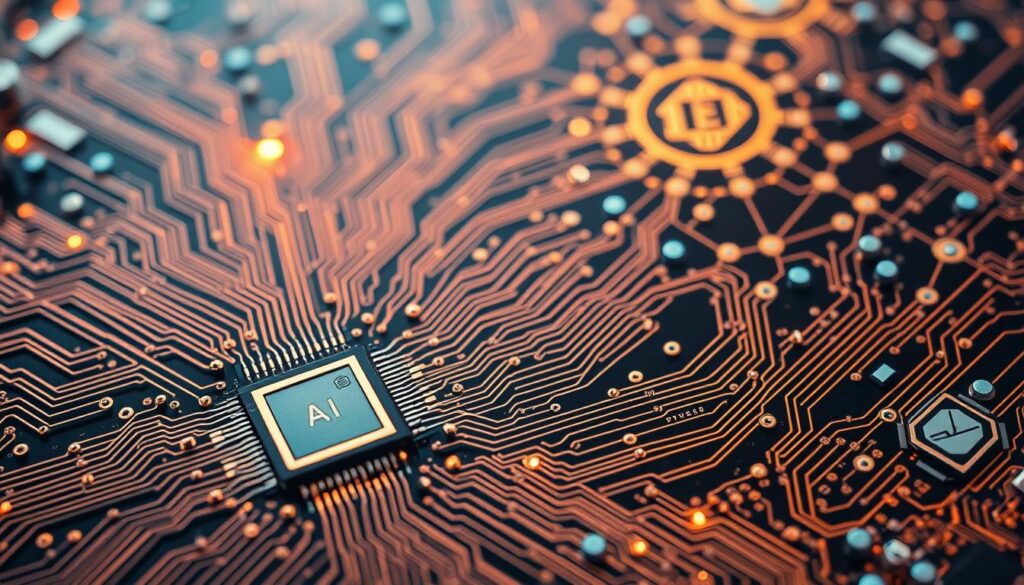 A complex circuit board with intricate wiring and components, symbolizing the integration challenges between artificial intelligence and decentralized finance (DeFi) protocols. The foreground features a CPU chip and data streams representing the AI element, while the background depicts a decentralized network with blockchain nodes and cryptographic elements. The scene is illuminated by a warm, technical glow, creating a sense of depth and tension as the two domains converge. The overall composition conveys the difficulties in seamlessly merging these advanced technologies, hinting at the need for innovative strategies to overcome the obstacles.