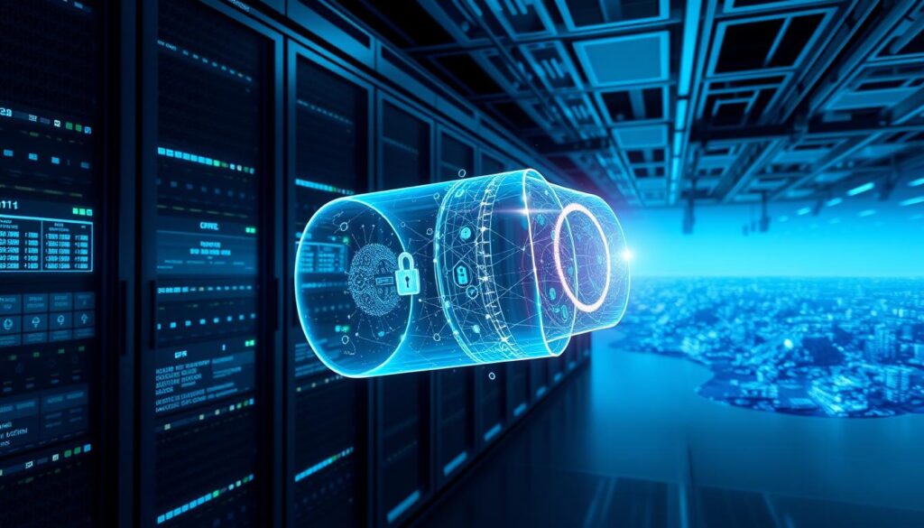 A complex data center with sleek server racks and glowing holographic displays, bathed in a cool blue-green hue. In the foreground, a secure data capsule hovers, its transparent shell shielding sensitive information. Intricate algorithms and neural networks dance across the capsule's surface, illustrating the "compute-to-data" privacy-preserving model training. The midground features a visualization of encrypted data flows, converging towards an AI analytics platform. In the distant background, a vast ocean of information stretches out, symbolizing the boundless data resources of the Ocean Protocol ecosystem. The scene conveys a sense of technological sophistication, data security, and the seamless integration of privacy-preserving AI capabilities.