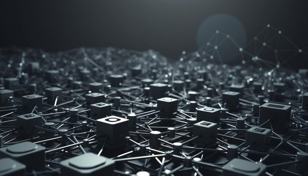 A complex diagram of blockchain systems, rendered in a technical, schematic style. In the foreground, a series of interconnected nodes and ledgers, their intricate mechanisms visible in shades of gray and metallic tones. In the middle ground, a network of data streams and communication channels, glowing with digital energy. In the background, a mesh of cryptographic algorithms and security protocols, casting a subtle, ominous hue over the scene. The lighting is stark and directional, casting sharp shadows and highlighting the precise, engineering-like details. The overall atmosphere is one of technological sophistication and the underlying complexities of blockchain infrastructure.