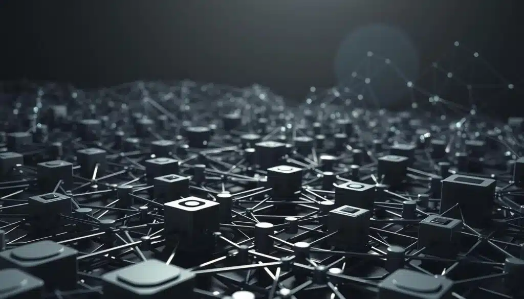 A complex diagram of blockchain systems, rendered in a technical, schematic style. In the foreground, a series of interconnected nodes and ledgers, their intricate mechanisms visible in shades of gray and metallic tones. In the middle ground, a network of data streams and communication channels, glowing with digital energy. In the background, a mesh of cryptographic algorithms and security protocols, casting a subtle, ominous hue over the scene. The lighting is stark and directional, casting sharp shadows and highlighting the precise, engineering-like details. The overall atmosphere is one of technological sophistication and the underlying complexities of blockchain infrastructure.