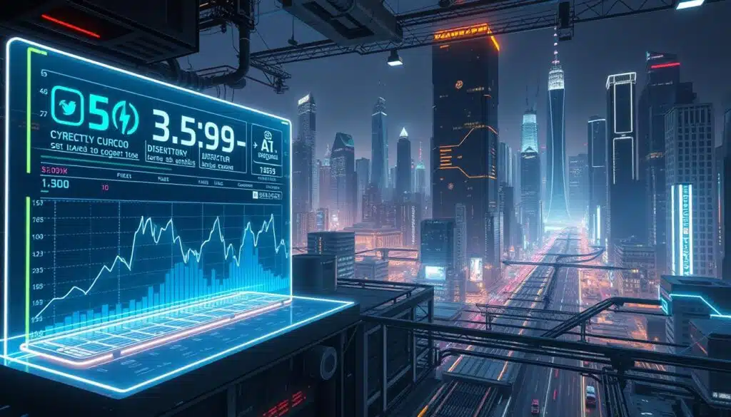 A complex, futuristic scene depicting a cutting-edge "price oracle" system. In the foreground, a sleek, holographic display showcases a real-time visualization of fluctuating cryptocurrency prices. The middle ground features a network of interconnected servers and security protocols, guarded by an array of advanced AI-powered anomaly detection algorithms. In the background, a vast, cityscape backdrop with towering skyscrapers and neon-lit streets, conveying the scale and importance of this mission-critical financial infrastructure. The overall mood is one of technological prowess, vigilance, and the critical role of AI in safeguarding the integrity of decentralized finance.
