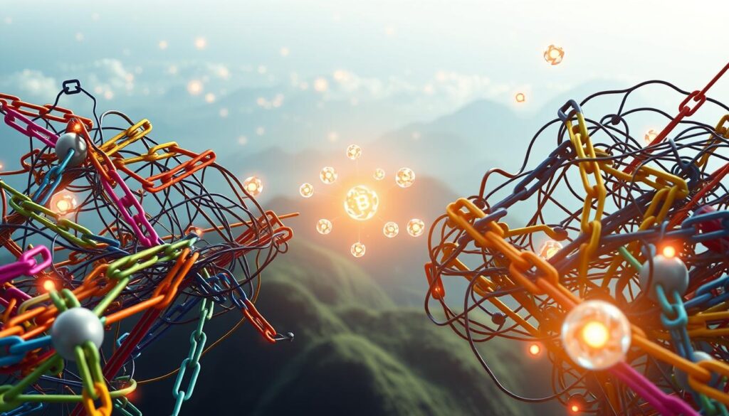 A complex, interconnected network of blockchain protocols, each with its own unique architecture and set of rules, struggling to communicate and exchange data seamlessly. The foreground depicts a tangled web of colorful chains, each representing a different blockchain, clashing and colliding as they attempt to bridge the gap. In the middle ground, glowing orbs of data and information float, waiting to be shared across the divide. The background is a hazy, ethereal realm of shimmering digital landscapes, hinting at the potential for harmonious cross-chain collaboration, if only the technical barriers could be overcome.