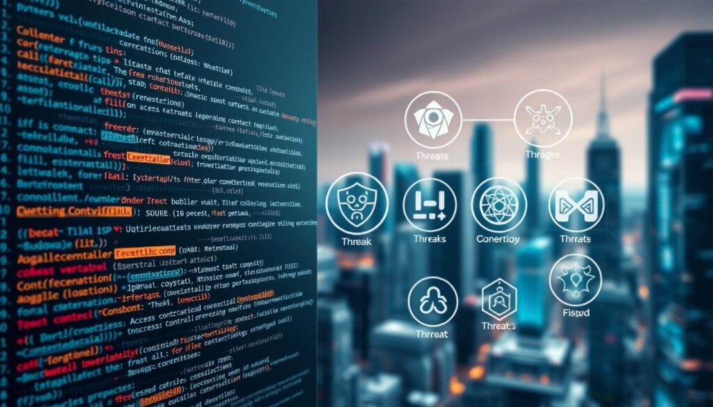 A complex, intricately detailed digital illustration showcasing various types of smart contract security vulnerabilities. In the foreground, a prominent smart contract coding interface displays lines of code with highlighted bugs and potential attack vectors. In the middle ground, a series of threat icons symbolize common vulnerabilities such as reentrancy attacks, integer overflows, and access control issues. In the background, a blurred cityscape of futuristic skyscrapers and blockchain network visualizations creates a sense of technological sophistication and risk. The overall mood is one of cautious unease, with a focus on the importance of rigorous security practices in the world of decentralized applications.