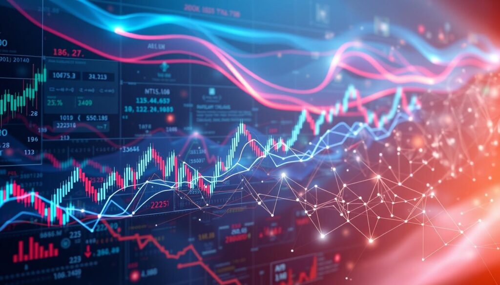 A complex, intricately detailed visualization of advanced algorithmic trading techniques. In the foreground, a series of data-rich stock charts, candlestick patterns, and technical indicators float and intersect, their lines and curves shimmering with an almost holographic quality. In the middle ground, a tangle of complex mathematical formulas, lines of code, and neural network diagrams weave together, hinting at the underlying computational complexity. The background is shrouded in an ethereal, atmospheric glow, with streaks of vibrant color and subtle geometric shapes evoking the dynamism and unpredictability of the financial markets. The overall scene conveys a sense of technological sophistication, data-driven precision, and the cutting edge of AI-powered trading strategies. A complex, intricately detailed visualization of advanced algorithmic trading techniques. In the foreground, a series of data-rich stock charts, candlestick patterns, and technical indicators float and intersect, their lines and curves shimmering with an almost holographic quality. In the middle ground, a tangle of complex mathematical formulas, lines of code, and neural network diagrams weave together, hinting at the underlying computational complexity. The background is shrouded in an ethereal, atmospheric glow, with streaks of vibrant color and subtle geometric shapes evoking the dynamism and unpredictability of the financial markets. The overall scene conveys a sense of technological sophistication, data-driven precision, and the cutting edge of AI-powered trading strategies.