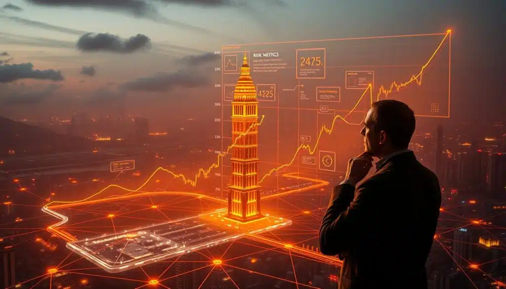 A complex landscape of interconnected financial markets, with a towering graph of risk metrics and analytics, illuminated by a warm, amber-tinted lighting. In the foreground, a holographic interface displays real-time data and risk management tools, operated by a thoughtful, data-driven individual. The middle ground features a network of digital pathways, representing the intricate connections and dependencies within the system. In the background, a hazy cityscape, symbolizing the wider economic environment, with a hint of volatility in the clouds. The overall atmosphere conveys a sense of control, foresight, and the mastery of risk through advanced, AI-powered portfolio optimization.