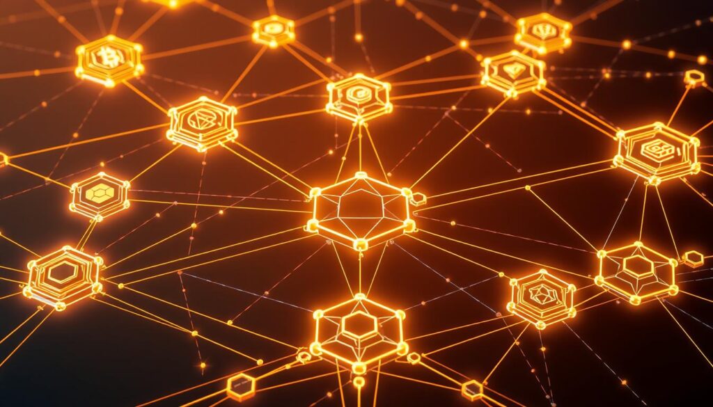 A complex network of interconnected blockchain systems, with digital tokens and smart contracts flowing seamlessly between them. In the foreground, a central hub acts as a bridge, channeling the movement of assets and data. Surrounding it, various blockchain protocols interact, their unique architectures represented by geometric shapes and patterns. The overall scene is bathed in a warm, futuristic glow, conveying a sense of technological advancement and harmonious integration. The composition is balanced, with clean lines and a minimalist aesthetic that emphasizes the elegance of cross-chain interoperability solutions.