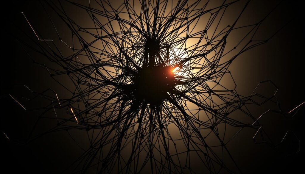 A complex neural network architecture with intertwining layers and nodes, rendered in a technical, scientific style. The network is backlit, creating a dramatic chiaroscuro effect that highlights the intricate connections and patterns. The background is a muted, gradient-based color palette, allowing the neural network to be the focal point. The overall mood is one of depth, precision, and the power of deep learning to model complex financial time series data. The camera angle is slightly elevated, providing a bird's-eye view of the network's structure, conveying a sense of scale and sophistication.