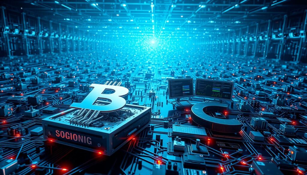 A complex, three-dimensional visualization depicting the intersection of machine learning and blockchain technology. In the foreground, a sleek, metallic blockchain node, its internal mechanisms visible, with neural networks branching outward. Surrounding it, a shimmering matrix of interconnected data blocks, secured by advanced cryptography. In the middle ground, an array of analytical dashboards and control panels, displaying real-time threat detection and mitigation strategies. In the background, a vast, networked infrastructure of blockchain nodes and AI-powered monitoring systems, bathed in a cool, blue-tinted lighting that conveys a sense of technological sophistication and security. The overall scene should evoke a strong sense of the power and potential of combining machine learning and blockchain for enhanced data protection and analysis. A complex, three-dimensional visualization depicting the intersection of machine learning and blockchain technology. In the foreground, a sleek, metallic blockchain node, its internal mechanisms visible, with neural networks branching outward. Surrounding it, a shimmering matrix of interconnected data blocks, secured by advanced cryptography. In the middle ground, an array of analytical dashboards and control panels, displaying real-time threat detection and mitigation strategies. In the background, a vast, networked infrastructure of blockchain nodes and AI-powered monitoring systems, bathed in a cool, blue-tinted lighting that conveys a sense of technological sophistication and security. The overall scene should evoke a strong sense of the power and potential of combining machine learning and blockchain for enhanced data protection and analysis.