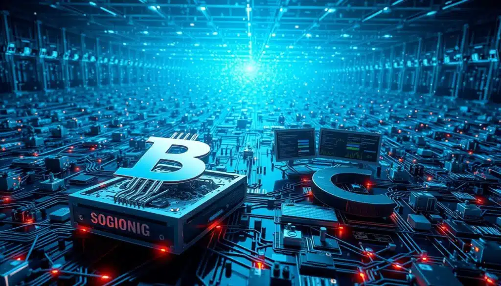 A complex, three-dimensional visualization depicting the intersection of machine learning and blockchain technology. In the foreground, a sleek, metallic blockchain node, its internal mechanisms visible, with neural networks branching outward. Surrounding it, a shimmering matrix of interconnected data blocks, secured by advanced cryptography. In the middle ground, an array of analytical dashboards and control panels, displaying real-time threat detection and mitigation strategies. In the background, a vast, networked infrastructure of blockchain nodes and AI-powered monitoring systems, bathed in a cool, blue-tinted lighting that conveys a sense of technological sophistication and security. The overall scene should evoke a strong sense of the power and potential of combining machine learning and blockchain for enhanced data protection and analysis.
