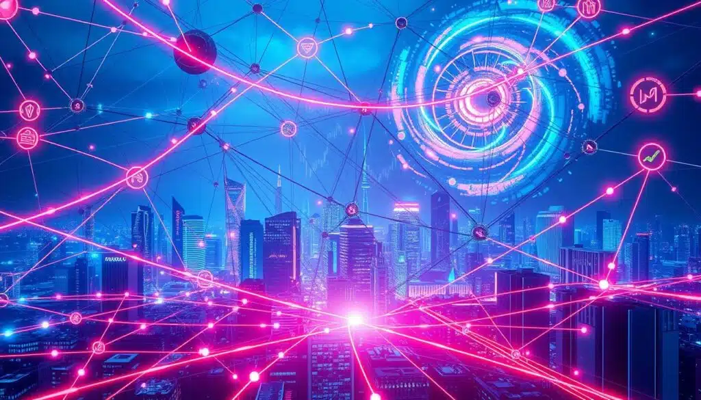 A complex web of interconnected cryptocurrencies and DeFi protocols, illuminated by a vibrant neon glow. In the foreground, an intricate matrix of yield farming strategies, with arrows and lines tracing leveraged cross-chain transactions. The middle ground features a futuristic cityscape, skyscrapers and towers of data, their facades adorned with dynamic visualizations of real-time market data. In the background, a swirling nebula of digital assets, their values fluctuating with the ebb and flow of the DeFi ecosystem. The scene is bathed in a cool, otherworldly light, evoking the cutting-edge, high-stakes world of leveraged yield farming techniques.