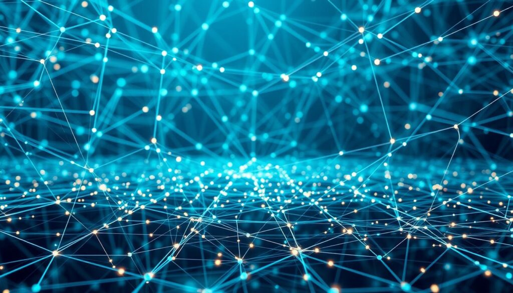 A complex web of interconnected smart contracts, each line of code a meticulous strand in a tapestry of digital automation. The foreground shimmers with a holographic overlay, showcasing the dynamic nature of these self-executing agreements. In the middle ground, a blockchain ledger stretches out, its distributed nodes representing the decentralized foundations upon which this system is built. The background bathes in a soft, blue-hued glow, evoking a sense of futuristic technology and the boundless potential of AI-driven governance. Crisp, clean lighting illuminates the intricate workings, while a wide-angle lens captures the grand scale of this on-chain mechanism.