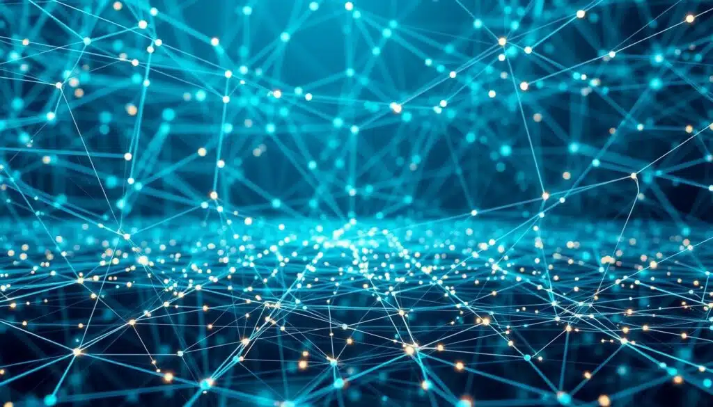 A complex web of interconnected smart contracts, each line of code a meticulous strand in a tapestry of digital automation. The foreground shimmers with a holographic overlay, showcasing the dynamic nature of these self-executing agreements. In the middle ground, a blockchain ledger stretches out, its distributed nodes representing the decentralized foundations upon which this system is built. The background bathes in a soft, blue-hued glow, evoking a sense of futuristic technology and the boundless potential of AI-driven governance. Crisp, clean lighting illuminates the intricate workings, while a wide-angle lens captures the grand scale of this on-chain mechanism.