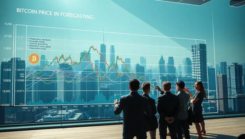 A comprehensive financial chart depicting various bitcoin price forecasting methodologies. The foreground features a central graph displaying multiple colored lines representing different prediction models, with detailed annotations highlighting their statistical approaches. The middle ground showcases a cluster of analysts in deep discussion, gesturing towards the chart and engaged in lively debate. The background portrays a futuristic cityscape, hinting at the global impact of bitcoin's valuation. Bright, directional lighting casts dramatic shadows, conveying the gravity and importance of these forecasting techniques. The overall composition emanates a sense of analytical rigor, technological progress, and financial uncertainty.