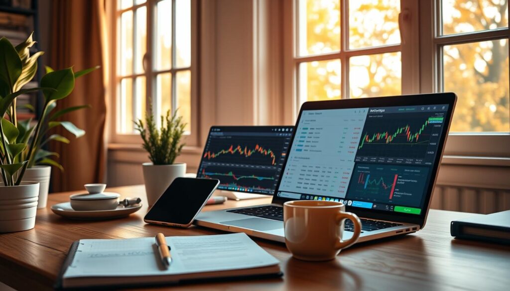 A cozy home office with a laptop, smartphone, and notebook displaying beginner-friendly crypto trading signals. Warm, natural lighting filters through large windows, creating a welcoming atmosphere. The desktop is neatly organized, with a succinct, easy-to-follow dashboard highlighting key metrics and trend indicators. A potted plant and a mug of hot beverage add a touch of tranquility, while the overall scene conveys a sense of approachability and user-friendliness for those new to the world of cryptocurrency trading.