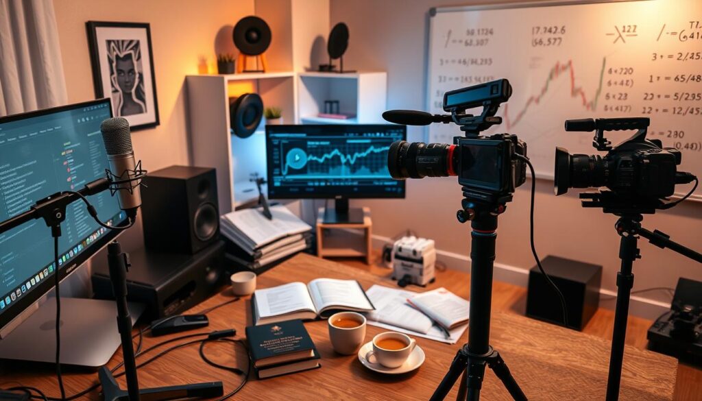 A cozy home studio setup with an array of high-end audio equipment and video cameras, creating an inviting atmosphere for a YouTube channel focused on cryptocurrency fundamental analysis. The foreground features a sleek desktop computer, a professional-grade microphone, and a modern camera mounted on a sturdy tripod. The middle ground showcases neatly organized technical books, financial charts, and a cup of coffee, suggesting a meticulous and analytical approach. The background is adorned with minimalist decor, warm lighting, and a large whiteboard displaying complex financial equations, hinting at the in-depth nature of the content. The overall scene conveys a sense of expertise, dedication, and a passion for cryptocurrency market fundamentals.