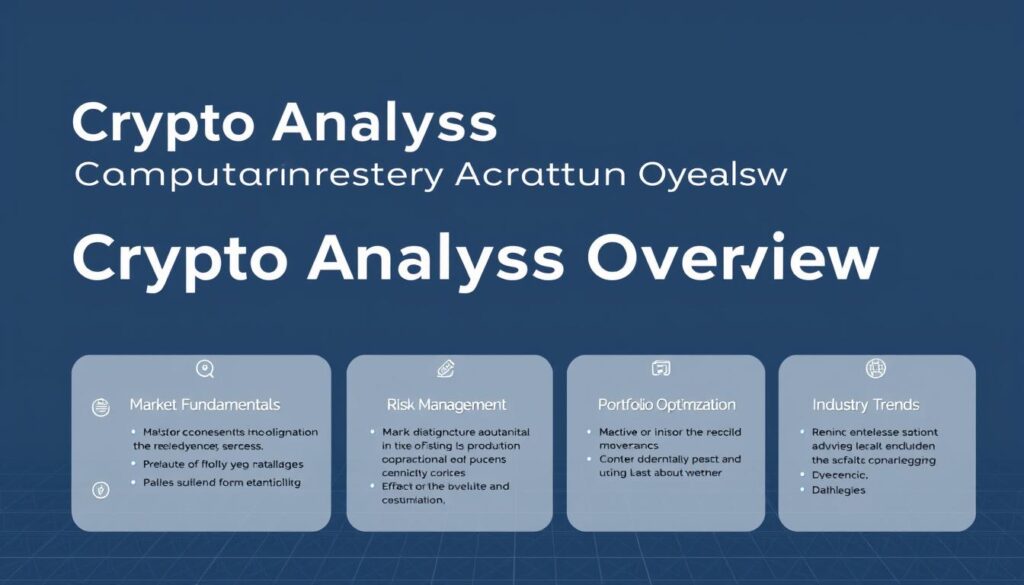A crisp, clean-lined diagram depicting the core curriculum components and learning objectives of a comprehensive Cryptocurrency Market Analysis Course. The foreground features a prominent title "Crypto Analysis Curriculum Overview" in a modern, minimalist typographic style. Beneath, modular sections showcase the key focus areas - Market Fundamentals, Technical Analysis, Risk Management, Portfolio Optimization, and Industry Trends - each with concise, informative bullet points. The middle ground showcases subtle graphical icons relevant to each module, while the background features a subtle grid pattern and a cool, futuristic color palette of blues and grays, conveying the analytical, data-driven nature of the course content. Lit by soft, directional lighting to highlight the key elements, captured from a slightly elevated, bird's-eye perspective for maximum clarity and impact.