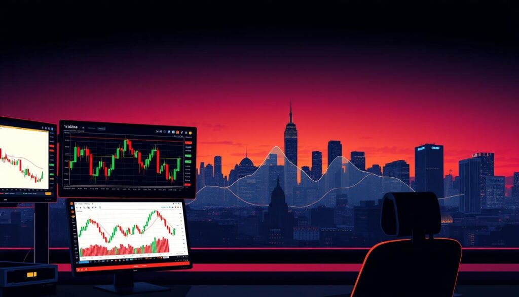 A crisp, high-contrast illustration depicting practical trading strategies for timing market entries and exits, using real-time volume data analysis. In the foreground, a trader's desktop with multiple screens displaying candlestick charts, volume indicators, and technical analysis tools. The middle ground features a dynamic visualization of trading volume patterns, with peaks and valleys highlighting key market sentiment shifts. In the background, a city skyline at dusk, symbolizing the ever-evolving nature of financial markets. The lighting is dramatic, with strong directional shadows and highlights to convey a sense of urgency and precision. The overall mood is one of focused determination, with the volume data serving as a reliable guide for making informed trading decisions. A crisp, high-contrast illustration depicting practical trading strategies for timing market entries and exits, using real-time volume data analysis. In the foreground, a trader's desktop with multiple screens displaying candlestick charts, volume indicators, and technical analysis tools. The middle ground features a dynamic visualization of trading volume patterns, with peaks and valleys highlighting key market sentiment shifts. In the background, a city skyline at dusk, symbolizing the ever-evolving nature of financial markets. The lighting is dramatic, with strong directional shadows and highlights to convey a sense of urgency and precision. The overall mood is one of focused determination, with the volume data serving as a reliable guide for making informed trading decisions.