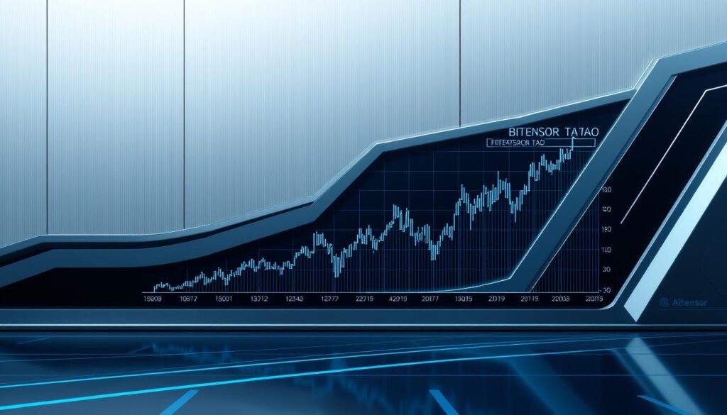 A crisp, high-resolution digital rendering of a futuristic cryptocurrency chart displaying the price trajectory of Bittensor TAO token. The chart is presented against a minimalist, technologically-advanced backdrop, featuring sleek lines, metallic surfaces, and a muted color palette of blues, grays, and blacks. The chart itself is meticulously detailed, showcasing historical price movements, current valuation, and potential future projections. The overall composition conveys a sense of precision, innovation, and the dynamic nature of the Bittensor TAO cryptocurrency market.