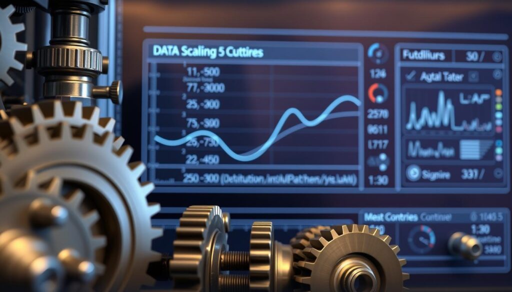 A crisp, well-lit close-up view of a data preprocessing pipeline, showcasing the scaling and normalization of input features. The foreground depicts a detailed set of gears, cogs, and levers, representing the intricate mechanisms of scaling algorithms. The middle ground features a transparent data flow visualization, with lines and curves dynamically adjusting the size and distribution of the numerical inputs. In the background, a sleek, minimalist control panel displays real-time performance metrics and fine-tuning controls, creating a sense of technological sophistication and precision. The overall mood is one of efficiency, power, and the seamless integration of data science workflows.