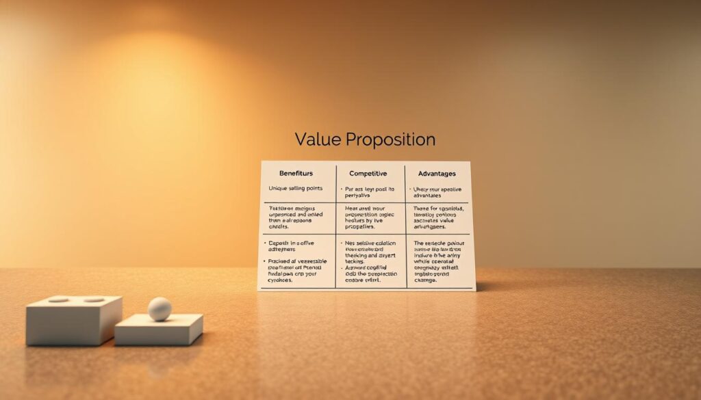 A crisp, well-lit diagram showcasing the core elements of a value proposition. In the foreground, a series of clean, geometric icons representing key features like benefits, unique selling points, and competitive advantages. In the middle ground, a sleek grid layout highlighting these elements with concise, impactful text. The background is a subtly textured surface, offering a minimalist, professional aesthetic. Subtle warm lighting illuminates the entire scene, creating a sense of clarity and focus. Captured with a wide-angle lens to provide a comprehensive view, this image aims to visually communicate the core components of a compelling value proposition. A crisp, well-lit diagram showcasing the core elements of a value proposition. In the foreground, a series of clean, geometric icons representing key features like benefits, unique selling points, and competitive advantages. In the middle ground, a sleek grid layout highlighting these elements with concise, impactful text. The background is a subtly textured surface, offering a minimalist, professional aesthetic. Subtle warm lighting illuminates the entire scene, creating a sense of clarity and focus. Captured with a wide-angle lens to provide a comprehensive view, this image aims to visually communicate the core components of a compelling value proposition.