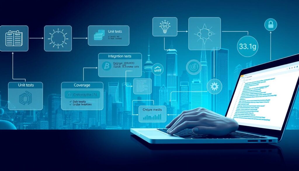 A crisp, well-lit illustration of a smart contract testing workflow. In the foreground, a developer's hands type code on a sleek laptop. Surrounding them, floating diagrams and icons depict the different stages: unit tests, integration tests, end-to-end tests, and deployment. In the middle ground, a holographic display shows test results and coverage metrics. The background features a futuristic cityscape with towering skyscrapers, hinting at the scale and importance of the blockchain system being developed. Cool blues and greens create a calm, focused atmosphere, emphasizing the precision and rigor of the testing process.
