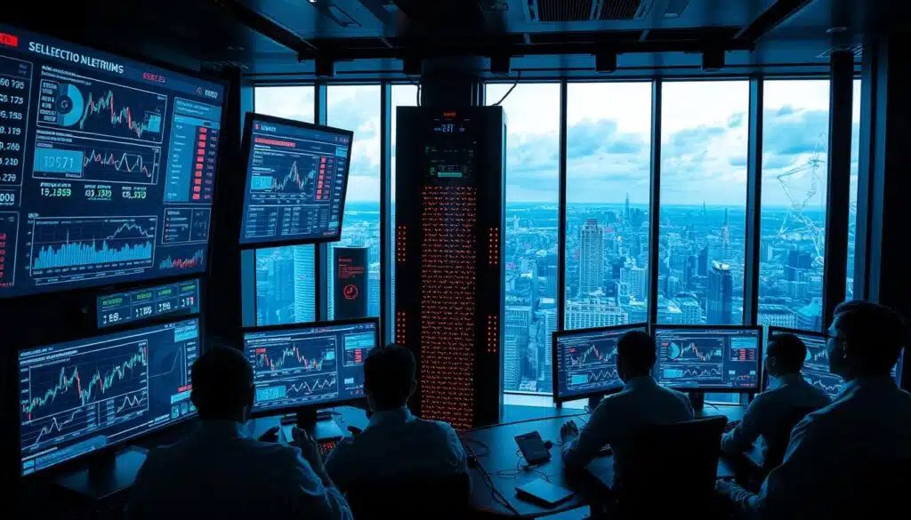 A cutting-edge trading command center with sleek, futuristic holographic displays showcasing complex data visualizations, risk metrics, and automated trading algorithms. The foreground features a team of analysts intently monitoring the system, their faces illuminated by the glow of the screens. In the middle ground, a towering server rack pulses with indicators of network activity and security safeguards. The background depicts a sprawling cityscape viewed through floor-to-ceiling windows, underscoring the high-stakes, global nature of the operation. Dramatic lighting casts dramatic shadows, heightening the sense of importance and risk management. The overall atmosphere is one of cutting-edge technology, diligent oversight, and mission-critical financial security.