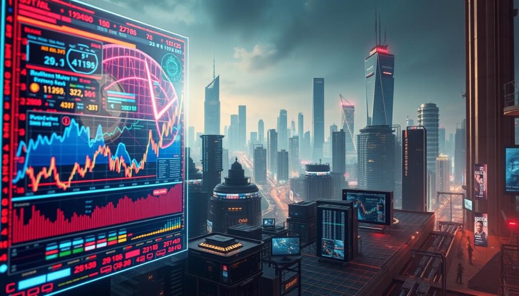 A cyberpunk-inspired scene depicting the dynamic crypto market signals. In the foreground, a holographic display showcases real-time charts and data visualizations, pulsing with vibrant colors and intricate patterns. The middle ground features a network of interconnected screens and terminals, each displaying a different aspect of the crypto landscape - from currency exchange rates to trading volume and sentiment analysis. In the background, a futuristic cityscape with towering skyscrapers and neon-lit streets sets the stage, reflecting the fast-paced, high-tech nature of the crypto world. Diffused lighting casts a warm, futuristic glow over the entire scene, creating a sense of technological prowess and financial innovation.