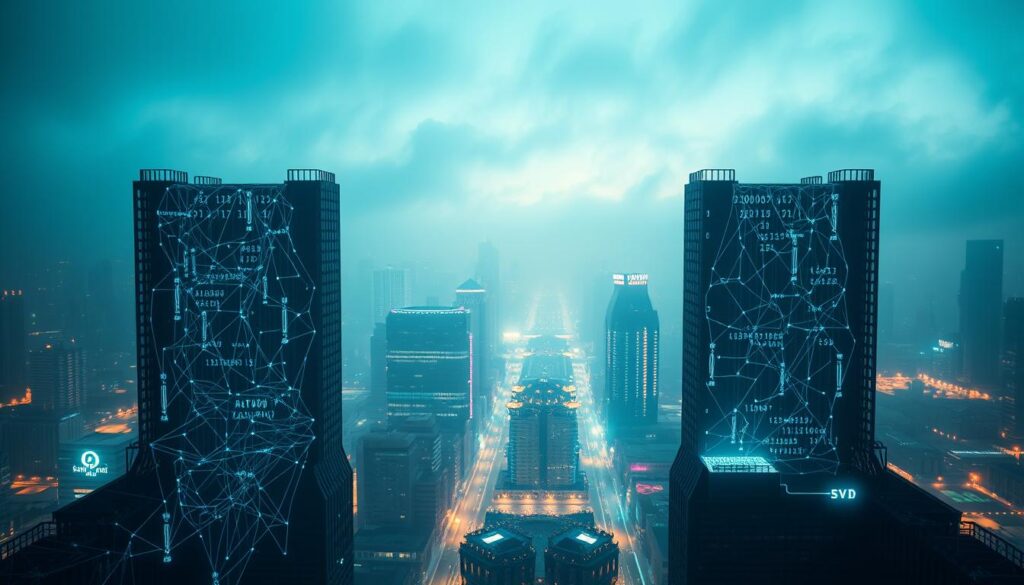 A cybersecurity fortress constructed with blockchain technology, standing tall and impenetrable. In the foreground, intricate lines of code and cryptographic symbols intertwine, creating a secure digital barrier. In the middle ground, various blockchain nodes and ledgers work in harmony, their nodes glowing with a subtle, ethereal light. The background features a cityscape shrouded in a hazy, futuristic atmosphere, highlighting the integration of this blockchain-based security system into the urban landscape. The lighting is dramatic, with cool tones and deep shadows, conveying a sense of technological power and resilience.