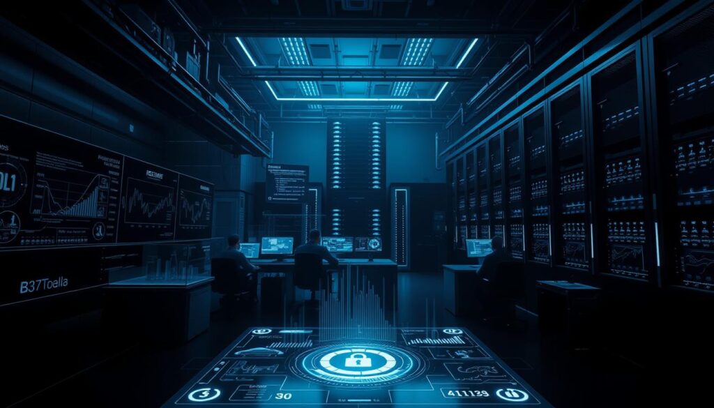 A dark, moody scene of a secure transaction interface. In the foreground, a sleek, holographic display shows intricate security protocols unfolding, with dynamic graphs and visualizations of fraud detection algorithms. The middle ground features a futuristic, well-lit control center, with technicians intently monitoring screens and dashboards. In the background, a towering data center stands, its servers humming with the processing power needed to power advanced AI-driven risk management. The lighting is cool and industrial, casting long shadows and creating a sense of technological prowess and unwavering protection. The overall atmosphere conveys a profound sense of safety, reliability, and the cutting edge of secure financial transactions.