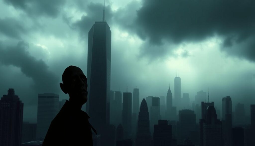 A dark, ominous cityscape enveloped in a hazy, unsettling atmosphere. In the foreground, an abstract, distorted figure symbolizing the "Fear Greed Index," its features conveying a sense of unease and volatility. The middle ground depicts a towering, shadowy skyscraper, its angular lines and sharp edges evoking the unpredictable nature of the financial markets. In the background, a stormy sky with ominous clouds, casting an eerie, foreboding glow over the entire scene. The lighting is dramatic, with deep shadows and harsh contrasts, heightening the sense of tension and uncertainty. The overall composition and visual style convey the powerful emotions that can drive investment decisions in times of market turmoil.