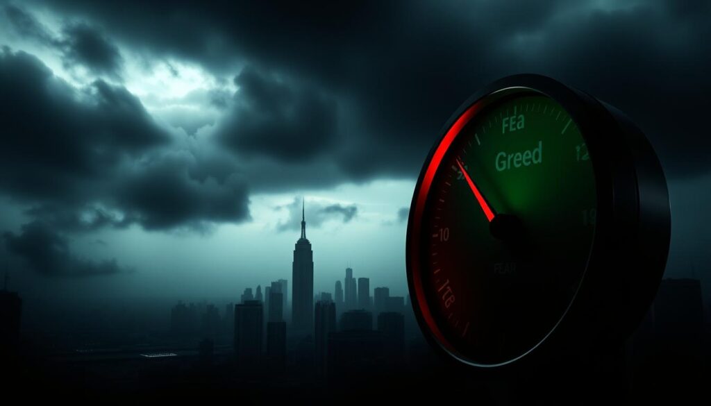 A dark, ominous sky looms over a cityscape, casting an eerie, foreboding atmosphere. In the foreground, a large dial or gauge dominates the scene, its needle oscillating between "Fear" and "Greed," capturing the turbulent emotions and uncertainty of the financial markets. The dial is rendered in shades of red and green, highlighting the polarity of these two powerful market forces. The middle ground features a silhouetted skyline, with towering skyscrapers and a sense of unease permeating the scene. The background is hazy and obscured, adding to the sense of mystery and unease. The lighting is dramatic, with deep shadows and highlights that accentuate the tension and unease of the scene. The overall composition conveys the complex and often conflicting emotions that drive market sentiment and behavior.