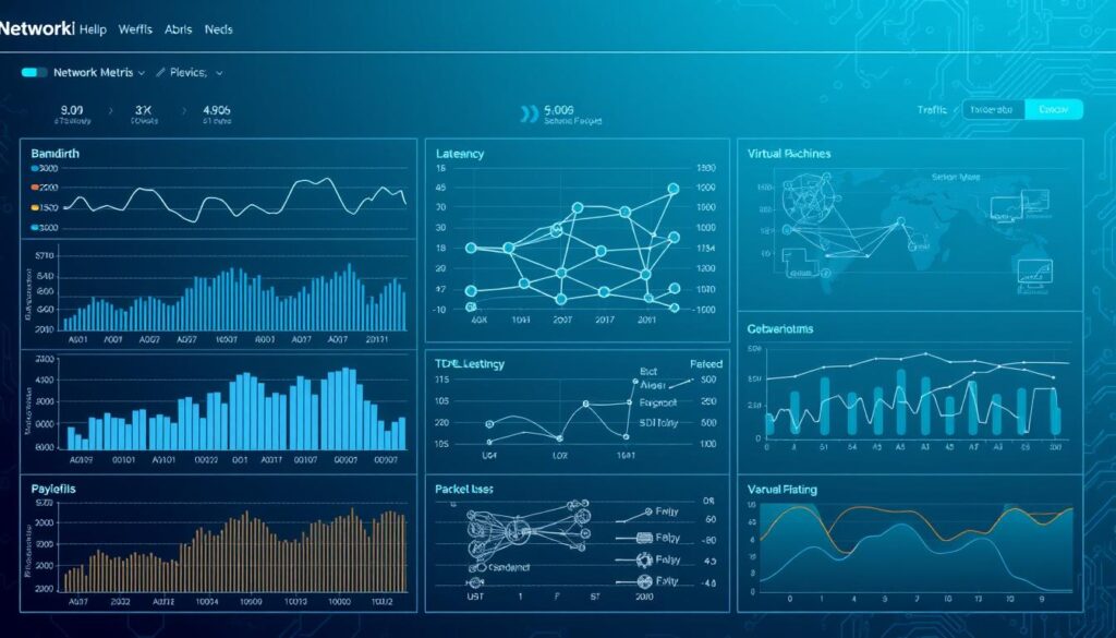 A data-driven dashboard displaying network performance metrics in a clean, intuitive layout. The foreground shows line graphs and bar charts comparing bandwidth, latency, and packet loss across multiple network nodes or virtual machines. The middle ground depicts network topology diagrams and traffic flow visualizations. The background features a subtle, tech-inspired gradient with faint circuit board patterns. Soft lighting casts a professional, analytical tone. The overall composition strikes a balance between informative data visualization and visually appealing aesthetics, catering to the needs of network administrators and IT decision-makers. A data-driven dashboard displaying network performance metrics in a clean, intuitive layout. The foreground shows line graphs and bar charts comparing bandwidth, latency, and packet loss across multiple network nodes or virtual machines. The middle ground depicts network topology diagrams and traffic flow visualizations. The background features a subtle, tech-inspired gradient with faint circuit board patterns. Soft lighting casts a professional, analytical tone. The overall composition strikes a balance between informative data visualization and visually appealing aesthetics, catering to the needs of network administrators and IT decision-makers.