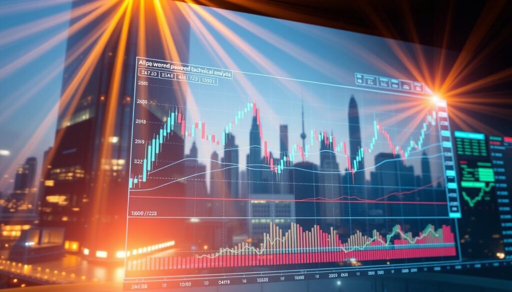 A data-driven trading dashboard showcasing AI-powered technical analysis strategies. In the foreground, a sleek holographic interface displays candlestick charts, trend lines, and indicators like moving averages and Bollinger Bands. Algorithms analyze market sentiment, patterns, and macroeconomic data, generating real-time trading signals. The background features a city skyline reflecting in a futuristic glass skyscraper, bathed in warm, golden lighting. Rays of light and data visualizations create an immersive, high-tech atmosphere, conveying the power of AI-enhanced trading tools. A data-driven trading dashboard showcasing AI-powered technical analysis strategies. In the foreground, a sleek holographic interface displays candlestick charts, trend lines, and indicators like moving averages and Bollinger Bands. Algorithms analyze market sentiment, patterns, and macroeconomic data, generating real-time trading signals. The background features a city skyline reflecting in a futuristic glass skyscraper, bathed in warm, golden lighting. Rays of light and data visualizations create an immersive, high-tech atmosphere, conveying the power of AI-enhanced trading tools.