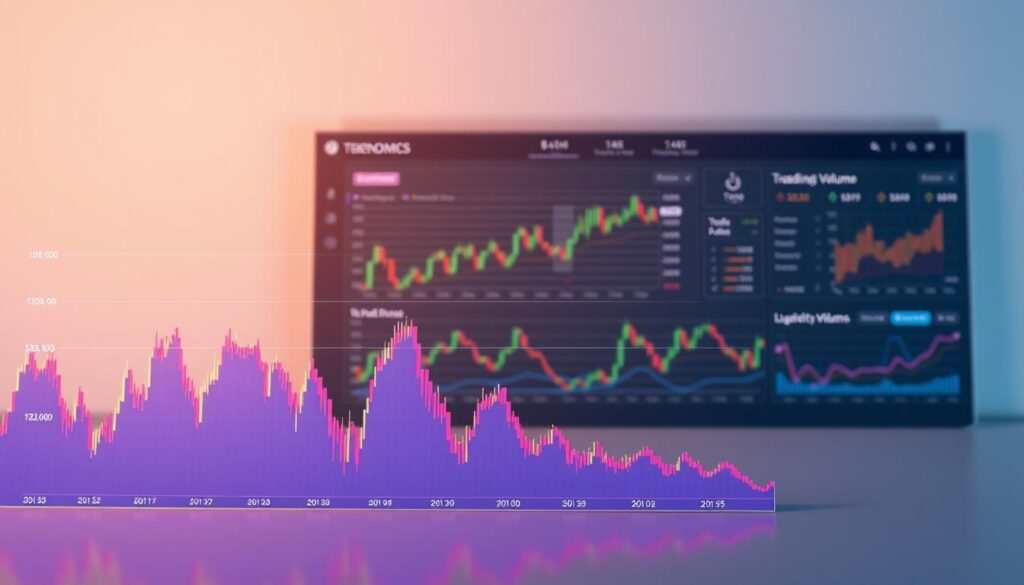 A data-driven visualization of cryptocurrency trading volume and liquidity analysis. In the foreground, a vibrant line chart depicting the real-time fluctuations of trading volume across various digital assets. The middle ground showcases a series of candlestick charts, each representing the dynamic price movements and liquidity profiles of top-ranked cryptocurrencies. In the background, a sleek and minimalist dashboard presents key tokenomics metrics, providing deeper insights into the overall market dynamics. The scene is illuminated by a soft, directional lighting that casts subtle shadows, creating a sense of depth and dimensionality. The composition is balanced, with a clean and professional aesthetic, designed to facilitate a clear understanding of the complex relationships between trading volume, liquidity, and market capitalization rankings. A data-driven visualization of cryptocurrency trading volume and liquidity analysis. In the foreground, a vibrant line chart depicting the real-time fluctuations of trading volume across various digital assets. The middle ground showcases a series of candlestick charts, each representing the dynamic price movements and liquidity profiles of top-ranked cryptocurrencies. In the background, a sleek and minimalist dashboard presents key tokenomics metrics, providing deeper insights into the overall market dynamics. The scene is illuminated by a soft, directional lighting that casts subtle shadows, creating a sense of depth and dimensionality. The composition is balanced, with a clean and professional aesthetic, designed to facilitate a clear understanding of the complex relationships between trading volume, liquidity, and market capitalization rankings.