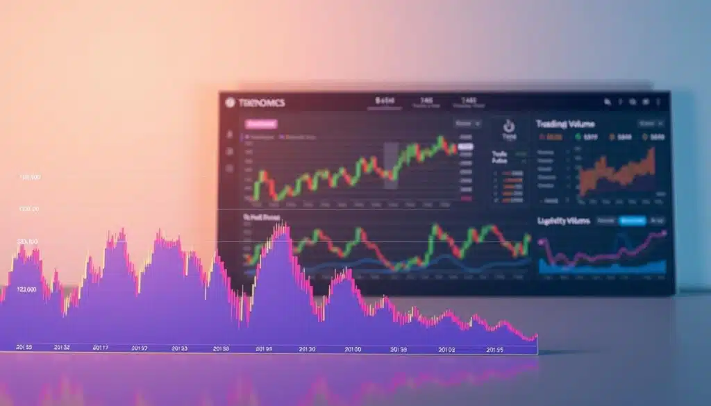 A data-driven visualization of cryptocurrency trading volume and liquidity analysis. In the foreground, a vibrant line chart depicting the real-time fluctuations of trading volume across various digital assets. The middle ground showcases a series of candlestick charts, each representing the dynamic price movements and liquidity profiles of top-ranked cryptocurrencies. In the background, a sleek and minimalist dashboard presents key tokenomics metrics, providing deeper insights into the overall market dynamics. The scene is illuminated by a soft, directional lighting that casts subtle shadows, creating a sense of depth and dimensionality. The composition is balanced, with a clean and professional aesthetic, designed to facilitate a clear understanding of the complex relationships between trading volume, liquidity, and market capitalization rankings.